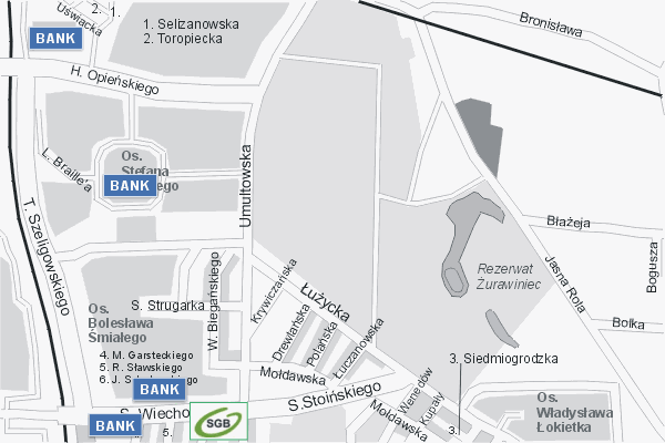 Mapa ( Plan ) Poznania. Warstwa Bankowa Pozna. Poznan - Wielkopolska.  
  
   Warstwa bankowa prezentuje wybrane lokalizacje poznaskich bankw w postaci umieszczonego znaku graficznego BANK. Po najechaniu kursorem myszy na znak graficzny pojawia si nazwa i adres lokalizowanego banku (IE), a po klikniciu w niektre loga otwiera dodatkowe okienko z opisem banku i danymi teleadresowymi. Mapa wykonana jest w skali 1:10 000 - warstwa bankowa.

Pozna - warstwa bankowa ( BANK ) Internetowego Planu Poznania serwisu Cyber Wielkopolska.