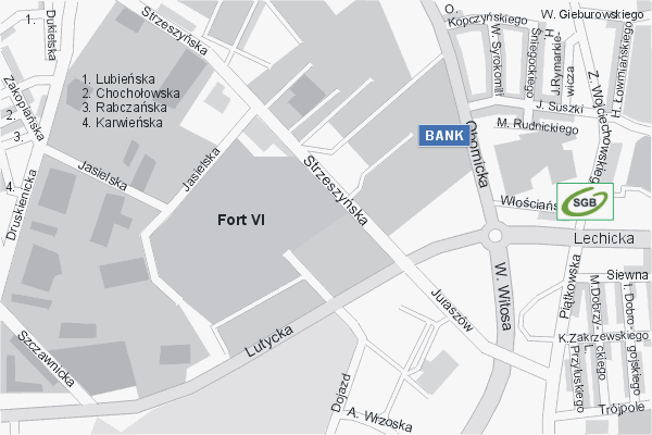 Mapa ( Plan ) Poznania. Warstwa Bankowa Pozna. Poznan - Wielkopolska.  
  
   Warstwa bankowa prezentuje wybrane lokalizacje poznaskich bankw w postaci umieszczonego znaku graficznego BANK. Po najechaniu kursorem myszy na znak graficzny pojawia si nazwa i adres lokalizowanego banku (IE), a po klikniciu w niektre loga otwiera dodatkowe okienko z opisem banku i danymi teleadresowymi. Mapa wykonana jest w skali 1:10 000 - warstwa bankowa.

Pozna - warstwa bankowa ( BANK ) Internetowego Planu Poznania serwisu Cyber Wielkopolska.