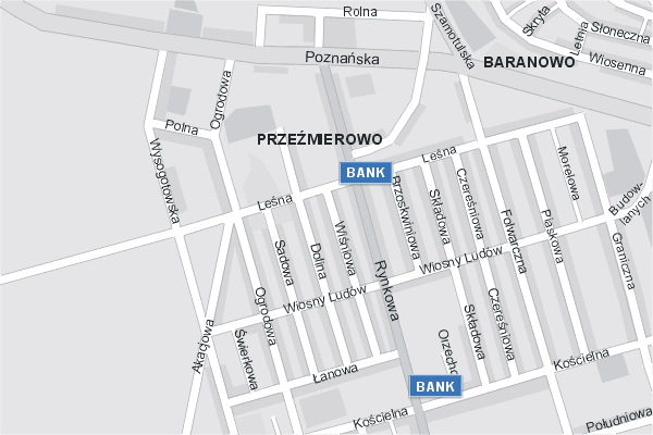 Mapa ( Plan ) Poznania. Warstwa Bankowa Pozna. Poznan - Wielkopolska.  
  
   Warstwa bankowa prezentuje wybrane lokalizacje poznaskich bankw w postaci umieszczonego znaku graficznego BANK. Po najechaniu kursorem myszy na znak graficzny pojawia si nazwa i adres lokalizowanego banku (IE), a po klikniciu w niektre loga otwiera dodatkowe okienko z opisem banku i danymi teleadresowymi. Mapa wykonana jest w skali 1:10 000 - warstwa bankowa.

Pozna - warstwa bankowa ( BANK ) Internetowego Planu Poznania serwisu Cyber Wielkopolska.