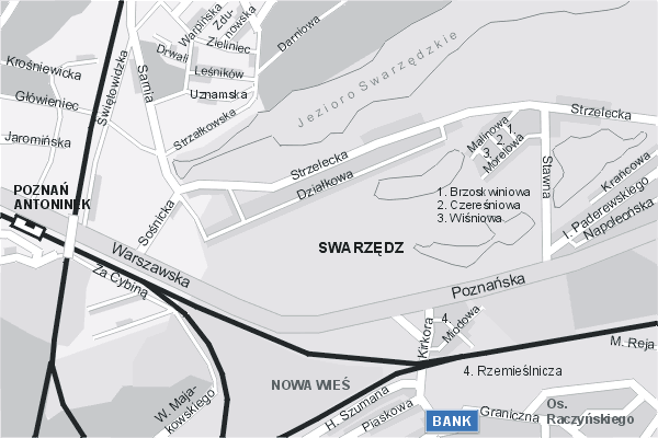 Mapa ( Plan ) Poznania. Warstwa Bankowa Pozna. Poznan - Wielkopolska.  
  
   Warstwa bankowa prezentuje wybrane lokalizacje poznaskich bankw w postaci umieszczonego znaku graficznego BANK. Po najechaniu kursorem myszy na znak graficzny pojawia si nazwa i adres lokalizowanego banku (IE), a po klikniciu w niektre loga otwiera dodatkowe okienko z opisem banku i danymi teleadresowymi. Mapa wykonana jest w skali 1:10 000 - warstwa bankowa.

Pozna - warstwa bankowa ( BANK ) Internetowego Planu Poznania serwisu Cyber Wielkopolska.