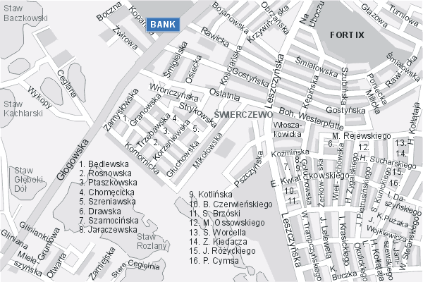 Mapa ( Plan ) Poznania. Warstwa Bankowa Pozna. Poznan - Wielkopolska.  
  
   Warstwa bankowa prezentuje wybrane lokalizacje poznaskich bankw w postaci umieszczonego znaku graficznego BANK. Po najechaniu kursorem myszy na znak graficzny pojawia si nazwa i adres lokalizowanego banku (IE), a po klikniciu w niektre loga otwiera dodatkowe okienko z opisem banku i danymi teleadresowymi. Mapa wykonana jest w skali 1:10 000 - warstwa bankowa.

Pozna - warstwa bankowa ( BANK ) Internetowego Planu Poznania serwisu Cyber Wielkopolska.