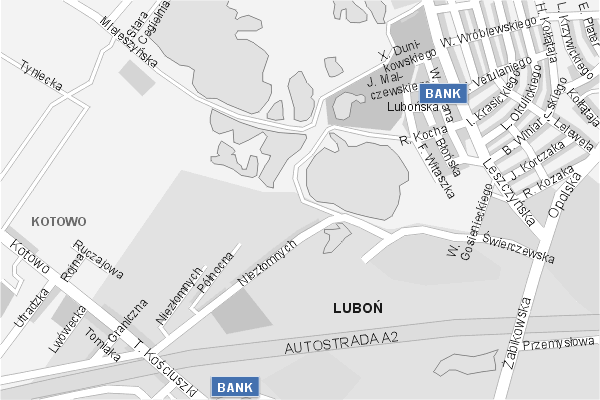 Mapa ( Plan ) Poznania. Warstwa Bankowa Pozna. Poznan - Wielkopolska.  
  
   Warstwa bankowa prezentuje wybrane lokalizacje poznaskich bankw w postaci umieszczonego znaku graficznego BANK. Po najechaniu kursorem myszy na znak graficzny pojawia si nazwa i adres lokalizowanego banku (IE), a po klikniciu w niektre loga otwiera dodatkowe okienko z opisem banku i danymi teleadresowymi. Mapa wykonana jest w skali 1:10 000 - warstwa bankowa.

Pozna - warstwa bankowa ( BANK ) Internetowego Planu Poznania serwisu Cyber Wielkopolska.