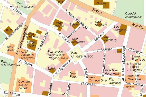 Mapa ( Plan ) Poznania. Warstwa gwna. Poznan - Wielkopolska.    
   Warstwa gwna prezentuje ukad ulic Poznania, oraz okolicznych miejscowoci. Zaznaczono: gwne trasy komunikacyjne, trasy przelotowe Poznania, jeziora, rzeki, trasy kolejowe, tereny zielone, przemysowe i zarysy zabudowa. Mapa wykonana jest w skali 1:10 000 - warstwa podstawowa oraz w wikszych skalach.

Pozna - warstwa gwna Internetowego Planu Poznania serwisu Cyber Wielkopolska.