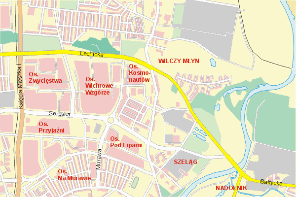 Mapa ( Plan ) Poznania. Warstwa gwna. Poznan - Wielkopolska.    
   Warstwa gwna prezentuje ukad ulic Poznania, oraz okolicznych miejscowoci. Zaznaczono: gwne trasy komunikacyjne, trasy przelotowe Poznania, jeziora, rzeki, trasy kolejowe, tereny zielone, przemysowe i zarysy zabudowa. Mapa wykonana jest w skali 1:10 000 - warstwa podstawowa oraz w wikszych skalach.

Pozna - warstwa gwna Internetowego Planu Poznania serwisu Cyber Wielkopolska.