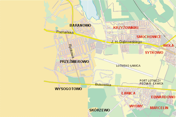 Mapa ( Plan ) Poznania. Warstwa gwna. Poznan - Wielkopolska.    
   Warstwa gwna prezentuje ukad ulic Poznania, oraz okolicznych miejscowoci. Zaznaczono: gwne trasy komunikacyjne, trasy przelotowe Poznania, jeziora, rzeki, trasy kolejowe, tereny zielone, przemysowe i zarysy zabudowa. Mapa wykonana jest w skali 1:10 000 - warstwa podstawowa oraz w wikszych skalach.

Pozna - warstwa gwna Internetowego Planu Poznania serwisu Cyber Wielkopolska.