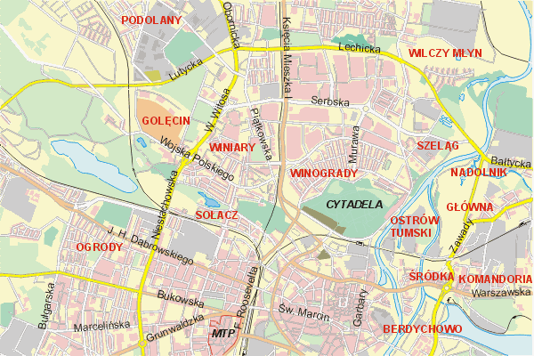 Mapa ( Plan ) Poznania. Warstwa gwna. Poznan - Wielkopolska.    
   Warstwa gwna prezentuje ukad ulic Poznania, oraz okolicznych miejscowoci. Zaznaczono: gwne trasy komunikacyjne, trasy przelotowe Poznania, jeziora, rzeki, trasy kolejowe, tereny zielone, przemysowe i zarysy zabudowa. Mapa wykonana jest w skali 1:10 000 - warstwa podstawowa oraz w wikszych skalach.

Pozna - warstwa gwna Internetowego Planu Poznania serwisu Cyber Wielkopolska.