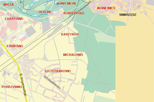 Mapa ( Plan ) Poznania. Warstwa gwna. Poznan - Wielkopolska.    
   Warstwa gwna prezentuje ukad ulic Poznania, oraz okolicznych miejscowoci. Zaznaczono: gwne trasy komunikacyjne, trasy przelotowe Poznania, jeziora, rzeki, trasy kolejowe, tereny zielone, przemysowe i zarysy zabudowa. Mapa wykonana jest w skali 1:10 000 - warstwa podstawowa oraz w wikszych skalach.

Pozna - warstwa gwna Internetowego Planu Poznania serwisu Cyber Wielkopolska.