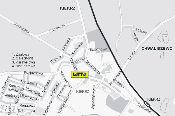 Mapa ( Plan ) Poznania. Lokalizacje LOTTO Pozna. Poznan - Wielkopolska.  
  
   Warstwa LOTTO prezentuje lokalizacje poznaskich lottomatw w postaci umieszczonego znaku graficznego LOTTO. Po najechaniu kursorem myszy na znak graficzny pojawia si nazwa i adres lokalizowanego lottomatu (IE), a po klikniciu w niektre loga otwiera dodatkowe okienko z opisem kolektury, danymi teleadresowymi i godzinami otwarcia. Mapa wykonana jest w skali 1:10 000 - warstwa LOTTO.

Pozna - lokalizacje lottomatw ( LOTTO ) Internetowego Planu Poznania serwisu Cyber Wielkopolska.