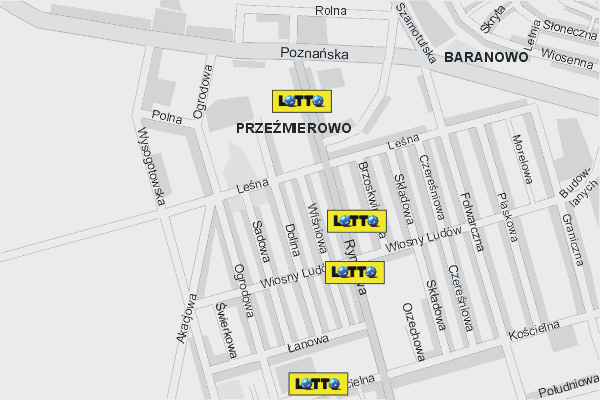 Mapa ( Plan ) Poznania. Lokalizacje LOTTO Pozna. Poznan - Wielkopolska.  
  
   Warstwa LOTTO prezentuje lokalizacje poznaskich lottomatw w postaci umieszczonego znaku graficznego LOTTO. Po najechaniu kursorem myszy na znak graficzny pojawia si nazwa i adres lokalizowanego lottomatu (IE), a po klikniciu w niektre loga otwiera dodatkowe okienko z opisem kolektury, danymi teleadresowymi i godzinami otwarcia. Mapa wykonana jest w skali 1:10 000 - warstwa LOTTO.

Pozna - lokalizacje lottomatw ( LOTTO ) Internetowego Planu Poznania serwisu Cyber Wielkopolska.