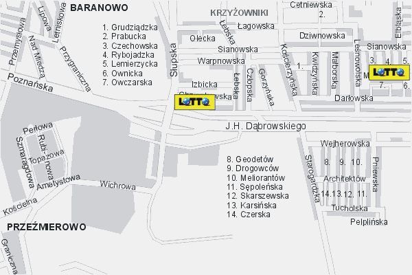 Mapa ( Plan ) Poznania. Lokalizacje LOTTO Pozna. Poznan - Wielkopolska.  
  
   Warstwa LOTTO prezentuje lokalizacje poznaskich lottomatw w postaci umieszczonego znaku graficznego LOTTO. Po najechaniu kursorem myszy na znak graficzny pojawia si nazwa i adres lokalizowanego lottomatu (IE), a po klikniciu w niektre loga otwiera dodatkowe okienko z opisem kolektury, danymi teleadresowymi i godzinami otwarcia. Mapa wykonana jest w skali 1:10 000 - warstwa LOTTO.

Pozna - lokalizacje lottomatw ( LOTTO ) Internetowego Planu Poznania serwisu Cyber Wielkopolska.