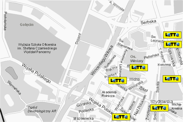 Mapa ( Plan ) Poznania. Lokalizacje LOTTO Pozna. Poznan - Wielkopolska.  
  
   Warstwa LOTTO prezentuje lokalizacje poznaskich lottomatw w postaci umieszczonego znaku graficznego LOTTO. Po najechaniu kursorem myszy na znak graficzny pojawia si nazwa i adres lokalizowanego lottomatu (IE), a po klikniciu w niektre loga otwiera dodatkowe okienko z opisem kolektury, danymi teleadresowymi i godzinami otwarcia. Mapa wykonana jest w skali 1:10 000 - warstwa LOTTO.

Pozna - lokalizacje lottomatw ( LOTTO ) Internetowego Planu Poznania serwisu Cyber Wielkopolska.