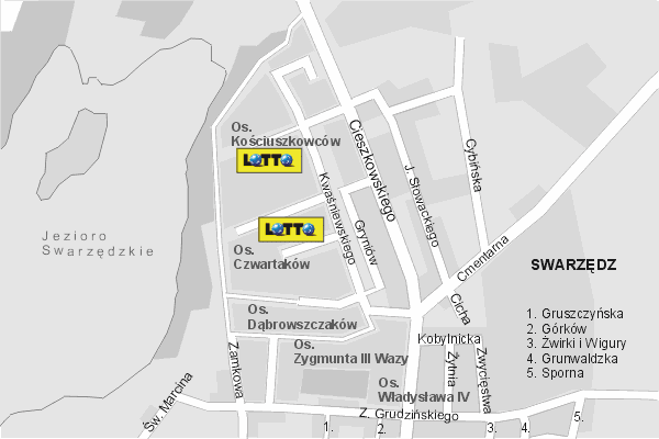 Mapa ( Plan ) Poznania. Lokalizacje LOTTO Pozna. Poznan - Wielkopolska.  
  
   Warstwa LOTTO prezentuje lokalizacje poznaskich lottomatw w postaci umieszczonego znaku graficznego LOTTO. Po najechaniu kursorem myszy na znak graficzny pojawia si nazwa i adres lokalizowanego lottomatu (IE), a po klikniciu w niektre loga otwiera dodatkowe okienko z opisem kolektury, danymi teleadresowymi i godzinami otwarcia. Mapa wykonana jest w skali 1:10 000 - warstwa LOTTO.

Pozna - lokalizacje lottomatw ( LOTTO ) Internetowego Planu Poznania serwisu Cyber Wielkopolska.