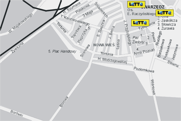 Mapa ( Plan ) Poznania. Lokalizacje LOTTO Pozna. Poznan - Wielkopolska.  
  
   Warstwa LOTTO prezentuje lokalizacje poznaskich lottomatw w postaci umieszczonego znaku graficznego LOTTO. Po najechaniu kursorem myszy na znak graficzny pojawia si nazwa i adres lokalizowanego lottomatu (IE), a po klikniciu w niektre loga otwiera dodatkowe okienko z opisem kolektury, danymi teleadresowymi i godzinami otwarcia. Mapa wykonana jest w skali 1:10 000 - warstwa LOTTO.

Pozna - lokalizacje lottomatw ( LOTTO ) Internetowego Planu Poznania serwisu Cyber Wielkopolska.