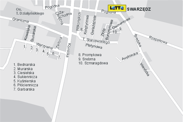 Mapa ( Plan ) Poznania. Lokalizacje LOTTO Pozna. Poznan - Wielkopolska.  
  
   Warstwa LOTTO prezentuje lokalizacje poznaskich lottomatw w postaci umieszczonego znaku graficznego LOTTO. Po najechaniu kursorem myszy na znak graficzny pojawia si nazwa i adres lokalizowanego lottomatu (IE), a po klikniciu w niektre loga otwiera dodatkowe okienko z opisem kolektury, danymi teleadresowymi i godzinami otwarcia. Mapa wykonana jest w skali 1:10 000 - warstwa LOTTO.

Pozna - lokalizacje lottomatw ( LOTTO ) Internetowego Planu Poznania serwisu Cyber Wielkopolska.