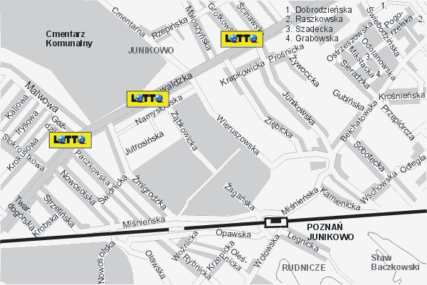 Mapa ( Plan ) Poznania. Lokalizacje LOTTO Pozna. Poznan - Wielkopolska.  
  
   Warstwa LOTTO prezentuje lokalizacje poznaskich lottomatw w postaci umieszczonego znaku graficznego LOTTO. Po najechaniu kursorem myszy na znak graficzny pojawia si nazwa i adres lokalizowanego lottomatu (IE), a po klikniciu w niektre loga otwiera dodatkowe okienko z opisem kolektury, danymi teleadresowymi i godzinami otwarcia. Mapa wykonana jest w skali 1:10 000 - warstwa LOTTO.

Pozna - lokalizacje lottomatw ( LOTTO ) Internetowego Planu Poznania serwisu Cyber Wielkopolska.