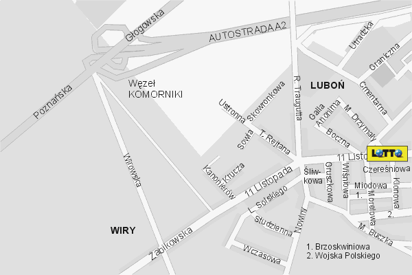 Mapa ( Plan ) Poznania. Lokalizacje LOTTO Pozna. Poznan - Wielkopolska.  
  
   Warstwa LOTTO prezentuje lokalizacje poznaskich lottomatw w postaci umieszczonego znaku graficznego LOTTO. Po najechaniu kursorem myszy na znak graficzny pojawia si nazwa i adres lokalizowanego lottomatu (IE), a po klikniciu w niektre loga otwiera dodatkowe okienko z opisem kolektury, danymi teleadresowymi i godzinami otwarcia. Mapa wykonana jest w skali 1:10 000 - warstwa LOTTO.

Pozna - lokalizacje lottomatw ( LOTTO ) Internetowego Planu Poznania serwisu Cyber Wielkopolska.