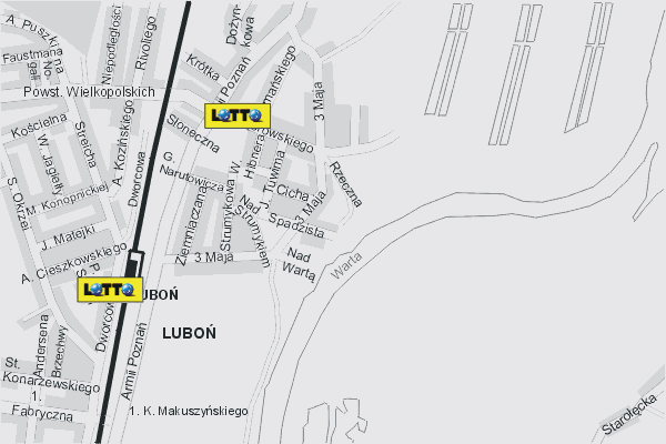 Mapa ( Plan ) Poznania. Lokalizacje LOTTO Pozna. Poznan - Wielkopolska.  
  
   Warstwa LOTTO prezentuje lokalizacje poznaskich lottomatw w postaci umieszczonego znaku graficznego LOTTO. Po najechaniu kursorem myszy na znak graficzny pojawia si nazwa i adres lokalizowanego lottomatu (IE), a po klikniciu w niektre loga otwiera dodatkowe okienko z opisem kolektury, danymi teleadresowymi i godzinami otwarcia. Mapa wykonana jest w skali 1:10 000 - warstwa LOTTO.

Pozna - lokalizacje lottomatw ( LOTTO ) Internetowego Planu Poznania serwisu Cyber Wielkopolska.