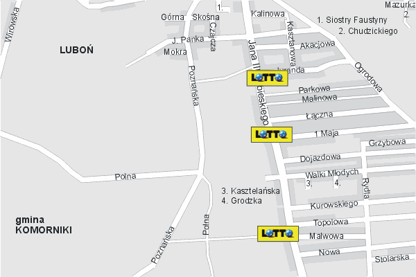 Mapa ( Plan ) Poznania. Lokalizacje LOTTO Pozna. Poznan - Wielkopolska.  
  
   Warstwa LOTTO prezentuje lokalizacje poznaskich lottomatw w postaci umieszczonego znaku graficznego LOTTO. Po najechaniu kursorem myszy na znak graficzny pojawia si nazwa i adres lokalizowanego lottomatu (IE), a po klikniciu w niektre loga otwiera dodatkowe okienko z opisem kolektury, danymi teleadresowymi i godzinami otwarcia. Mapa wykonana jest w skali 1:10 000 - warstwa LOTTO.

Pozna - lokalizacje lottomatw ( LOTTO ) Internetowego Planu Poznania serwisu Cyber Wielkopolska.