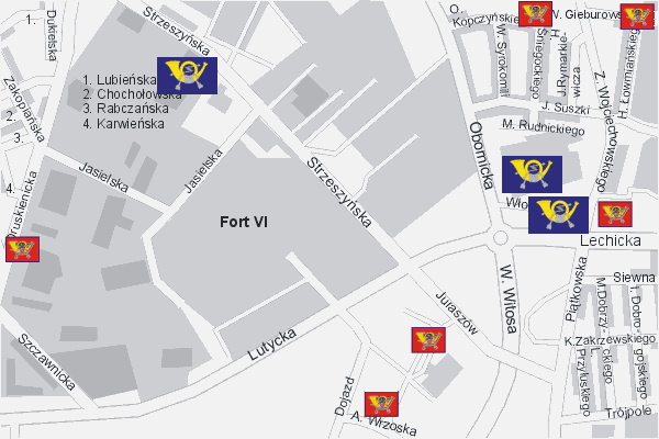 Mapa ( Plan ) Poznania. Lokalizacje Urzdw Pocztowych i rozmieszczenie skrzynek pocztowych Pozna. Poznan - Wielkopolska.  
  
   Warstwa pocztowa prezentuje lokalizacje poznaskich urzdw pocztowych w postaci umieszczonego znaku graficznego POCZTA. Po najechaniu kursorem myszy na znak graficzny pojawia si nazwa i adres lokalizowanego urzdu pocztowego (IE), a po klikniciu w niektre loga otwiera dodatkowe okienko z danymi teleadresowymi i godzinami otwarcia. Dodatkowo zamieszczone zostay lokalizacje skrzynek pocztowych na terenie miasta Pozna. Mapa wykonana jest w skali 1:10 000 - warstwa POCZTA.

Pozna - lokalizacje urzdw pocztowych ( POCZTA ) Internetowego Planu Poznania serwisu Cyber Wielkopolska.