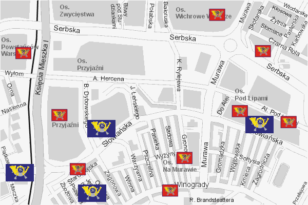 Mapa ( Plan ) Poznania. Lokalizacje Urzdw Pocztowych i rozmieszczenie skrzynek pocztowych Pozna. Poznan - Wielkopolska.  
  
   Warstwa pocztowa prezentuje lokalizacje poznaskich urzdw pocztowych w postaci umieszczonego znaku graficznego POCZTA. Po najechaniu kursorem myszy na znak graficzny pojawia si nazwa i adres lokalizowanego urzdu pocztowego (IE), a po klikniciu w niektre loga otwiera dodatkowe okienko z danymi teleadresowymi i godzinami otwarcia. Dodatkowo zamieszczone zostay lokalizacje skrzynek pocztowych na terenie miasta Pozna. Mapa wykonana jest w skali 1:10 000 - warstwa POCZTA.

Pozna - lokalizacje urzdw pocztowych ( POCZTA ) Internetowego Planu Poznania serwisu Cyber Wielkopolska.