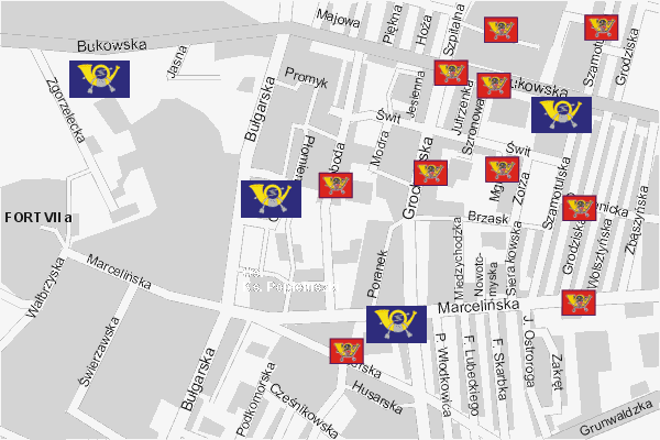 Mapa ( Plan ) Poznania. Lokalizacje Urzdw Pocztowych i rozmieszczenie skrzynek pocztowych Pozna. Poznan - Wielkopolska.  
  
   Warstwa pocztowa prezentuje lokalizacje poznaskich urzdw pocztowych w postaci umieszczonego znaku graficznego POCZTA. Po najechaniu kursorem myszy na znak graficzny pojawia si nazwa i adres lokalizowanego urzdu pocztowego (IE), a po klikniciu w niektre loga otwiera dodatkowe okienko z danymi teleadresowymi i godzinami otwarcia. Dodatkowo zamieszczone zostay lokalizacje skrzynek pocztowych na terenie miasta Pozna. Mapa wykonana jest w skali 1:10 000 - warstwa POCZTA.

Pozna - lokalizacje urzdw pocztowych ( POCZTA ) Internetowego Planu Poznania serwisu Cyber Wielkopolska.