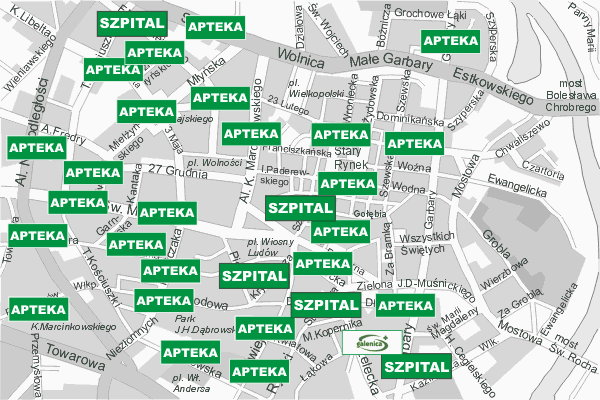 Mapa ( Plan ) Poznania. Warstwa DLA ZDROWIA Pozna. Poznan - Wielkopolska.  
  
   Warstwa DLA ZDROWIA prezentuje lokalizacje poznaskich APTEK, SZPITALI, KLINIK i GAGINETW LEKARSKICH w postaci umieszczonych znakw graficznych z odpowidni nazw. Po najechaniu kursorem myszy na znak graficzny pojawia si nazwa i adres lokalizowanego obiektu (IE), a po klikniciu w niektre loga otwiera dodatkowe okienko z danymi teleadresowymi i godzinami otwarcia. Warstwa nieustannie si rozbudowuje. Mapa wykonana jest w skali 1:10 000 - warstwa DLA ZDROWIA.

Pozna - warstwa DLA ZDROWIA Internetowego Planu Poznania serwisu Cyber Wielkopolska.