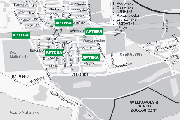 Mapa ( Plan ) Poznania. Warstwa DLA ZDROWIA Pozna. Poznan - Wielkopolska.  
  
   Warstwa DLA ZDROWIA prezentuje lokalizacje poznaskich APTEK, SZPITALI, KLINIK i GAGINETW LEKARSKICH w postaci umieszczonych znakw graficznych z odpowidni nazw. Po najechaniu kursorem myszy na znak graficzny pojawia si nazwa i adres lokalizowanego obiektu (IE), a po klikniciu w niektre loga otwiera dodatkowe okienko z danymi teleadresowymi i godzinami otwarcia. Warstwa nieustannie si rozbudowuje. Mapa wykonana jest w skali 1:10 000 - warstwa DLA ZDROWIA.

Pozna - warstwa DLA ZDROWIA Internetowego Planu Poznania serwisu Cyber Wielkopolska.